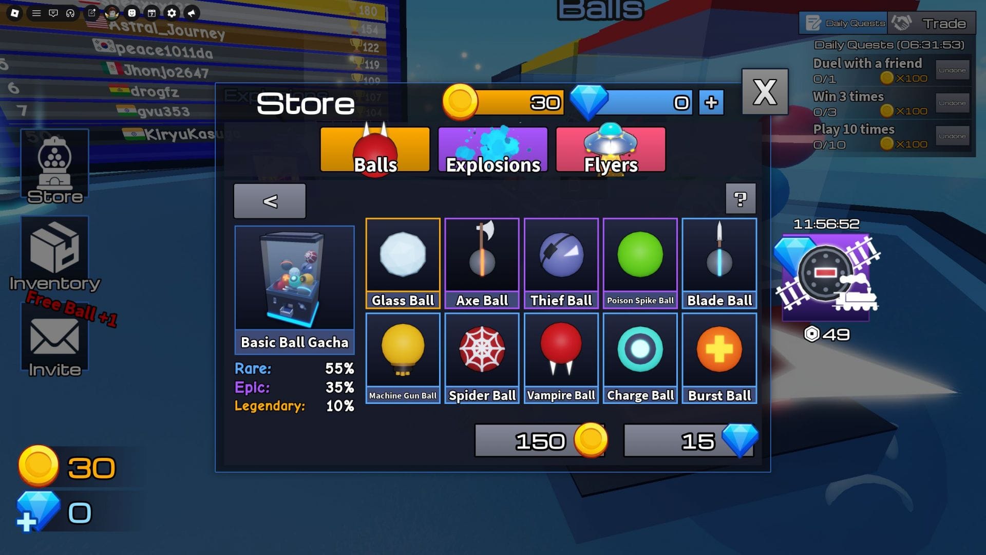 Ball VS Ball Store screen showing the Basic Ball Gacha panel with ten unlockable Balls (Glass, Axe, Thief, Poison Spike, Blade, Machine Gun, Spider, Vampire, Charge, Burst) and the rarity breakdown Rare 55% / Epic 35% / Legendary 10%.