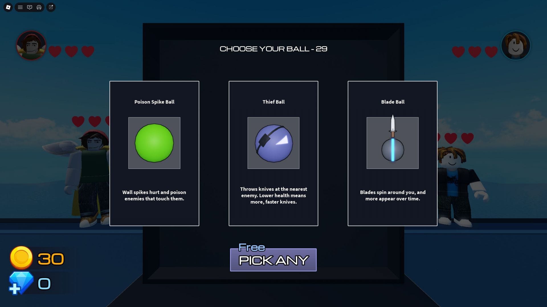 Ball VS Ball Choose Your Ball screen showing a 30-second timer with three random Ball cards offered: Poison Spike Ball, Thief Ball, and Blade Ball, each with an ability description and a Free Pick Any button.