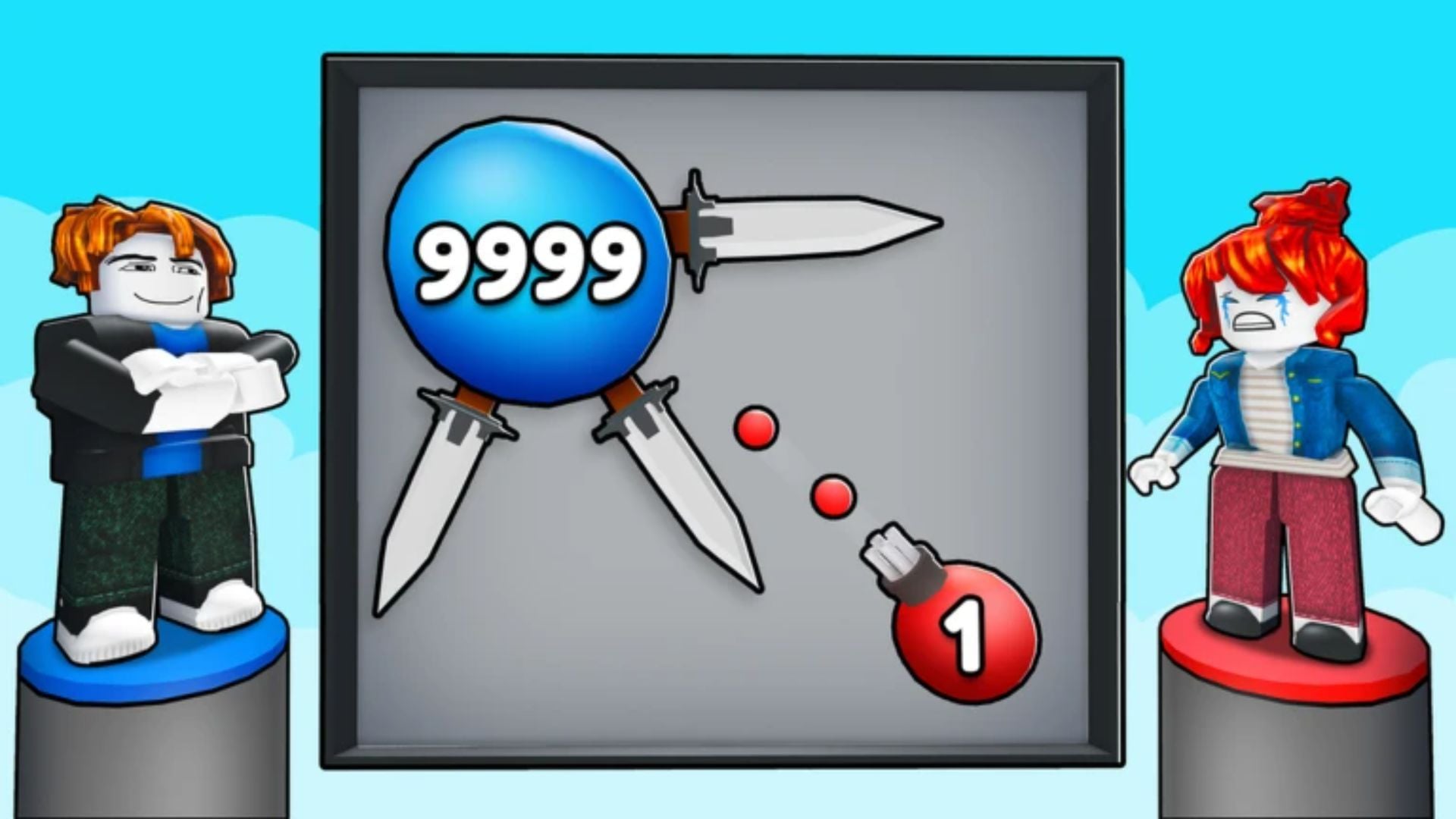 Stylized Ball VS Ball promo poster showing a blue Ball with three swords and the number 9999 on one side, a small red Ball with a bomb on the other, and two Roblox avatars framing the scene.